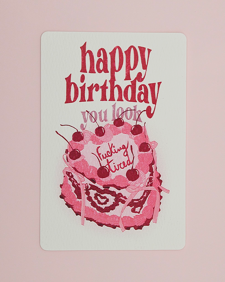 tired cake birthday postcard